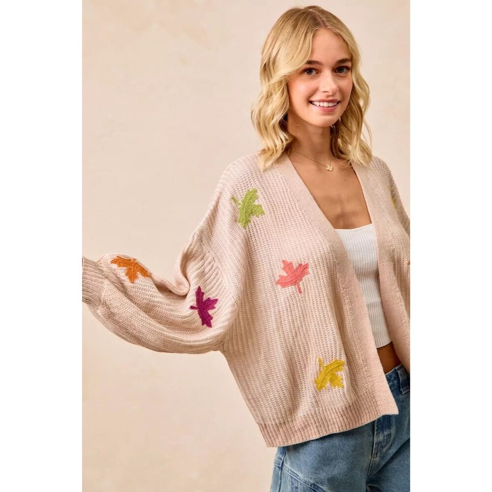 BiBi Two Tone Knit Cardigan with Leaf Appliqués